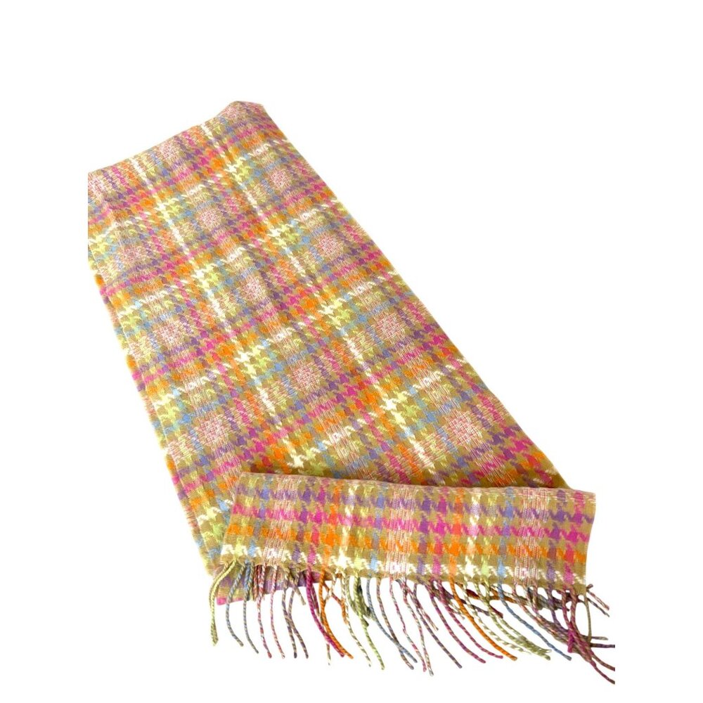 100% Cashmere Scottish Multicolor Plaid Fringe Scarf Beautiful Perfect Condition